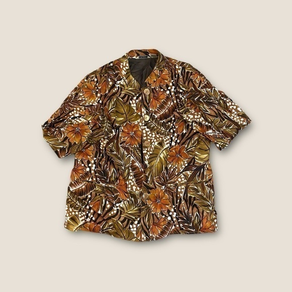 Vintage 90s Laura Ashley Leaf Floral Suit Jacket Brown Combo Large - Picture 2 of 5